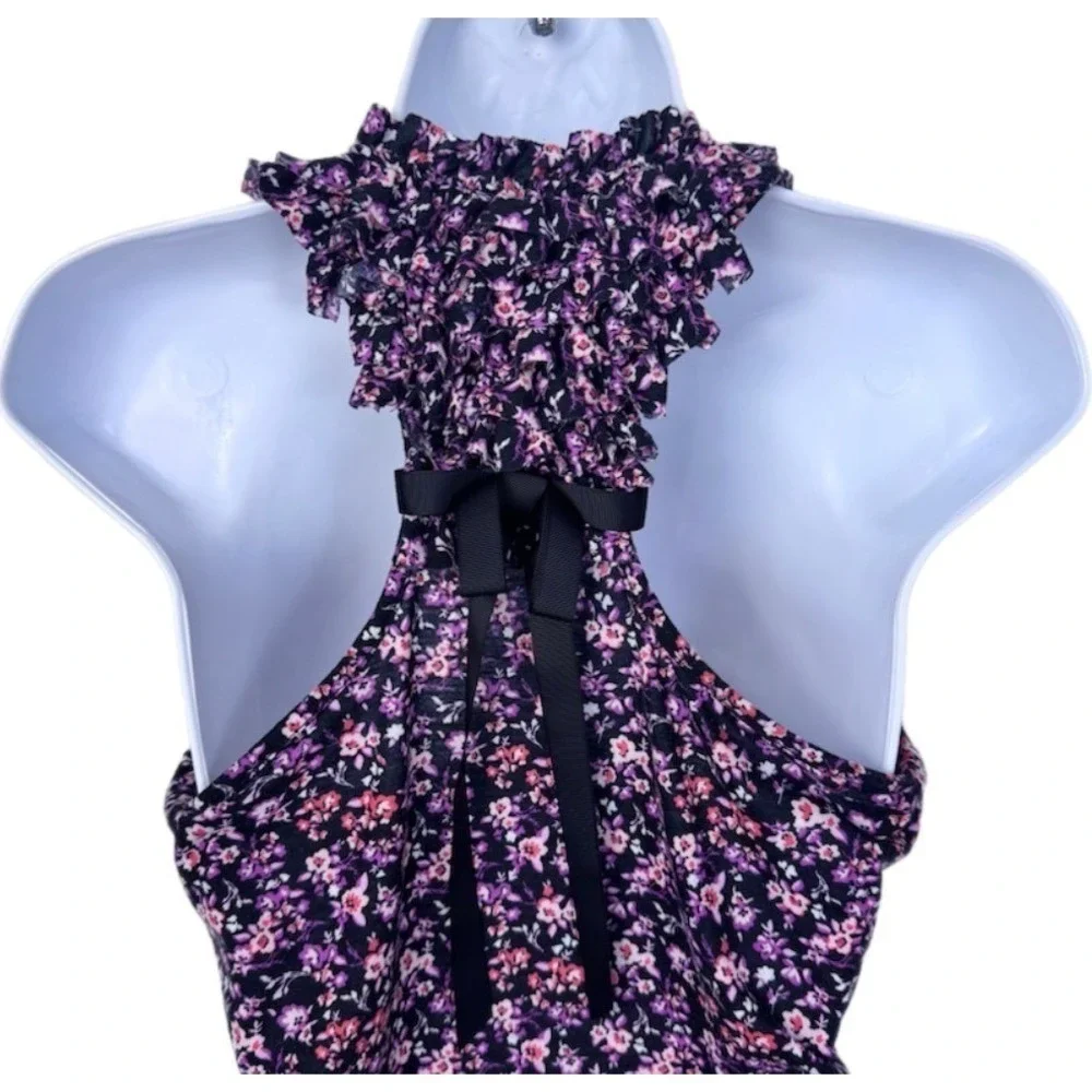 Self Esteem Tank Top Women Large Purple Floral Ruffle Bow Racerback Blouse